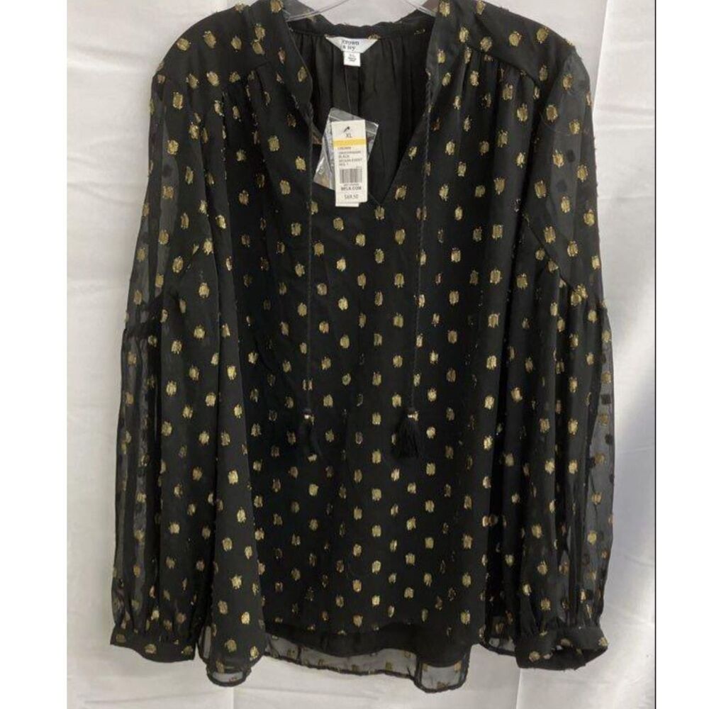 NWT Women's Crown And Ivy Black Polka Dot Long Sleeve Blouse Size XL